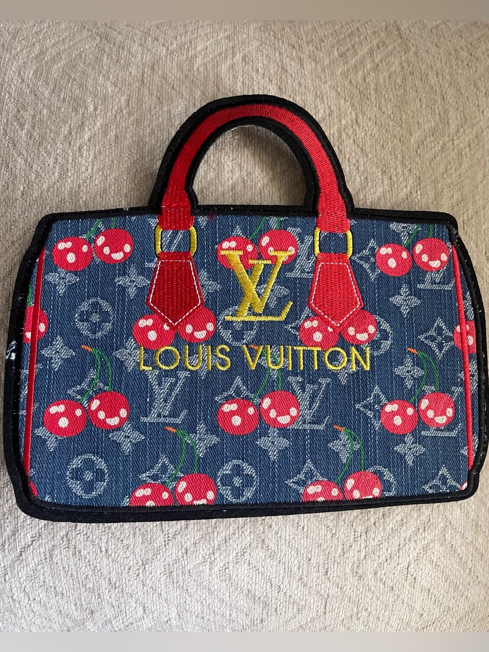 Large Iron on Patch Denim Cherry Tote with Red Handles